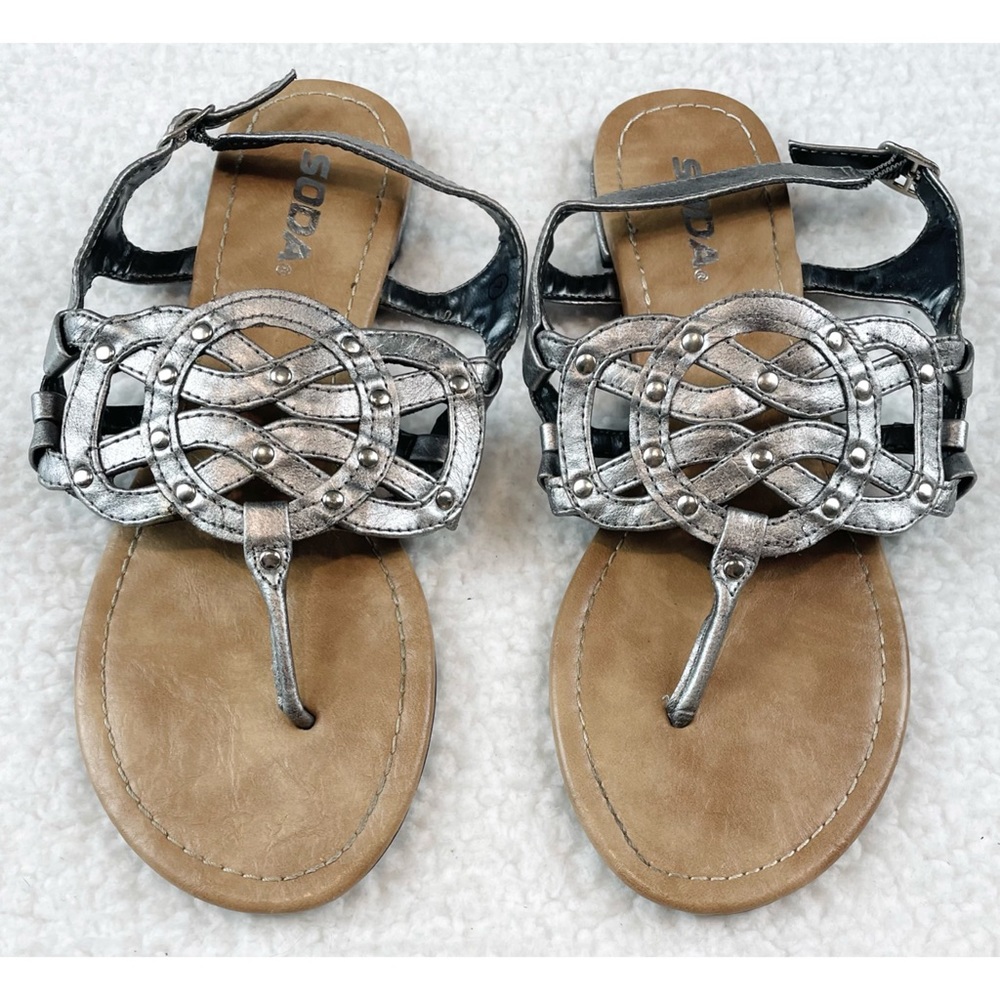 SODA • Silver/Tan Studded Thong Sandals, 7 - Picture 2 of 16